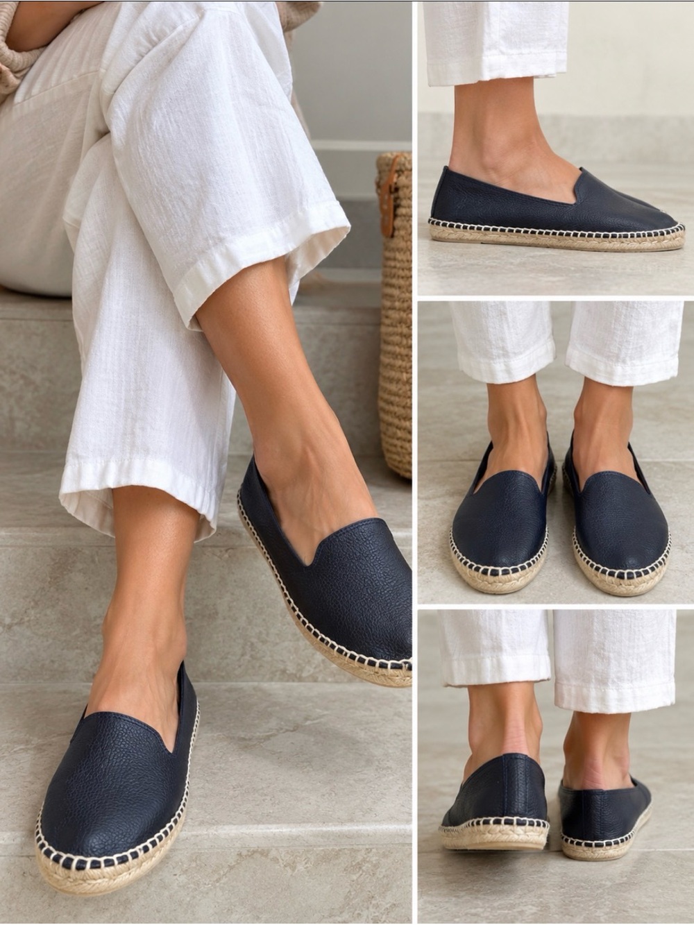 Manebi Navy Leather Espadrilles Size 6